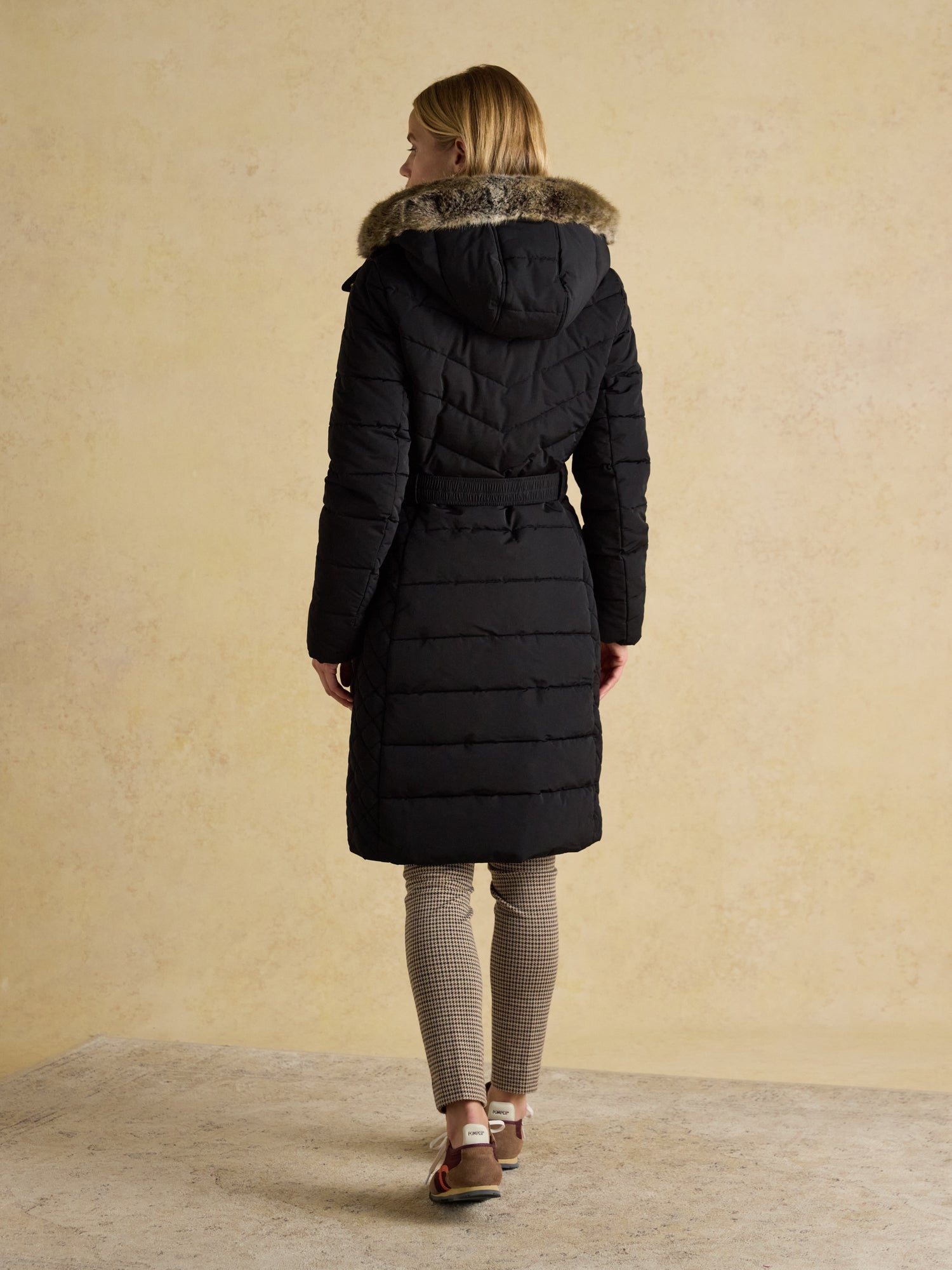 Joules Aspen Long Black Showerproof Padded Coat with Faux Fur Hood