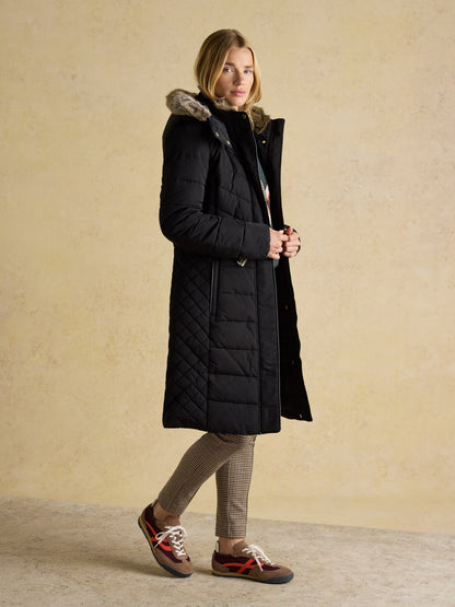Joules Aspen Long Black Showerproof Padded Coat with Faux Fur Hood
