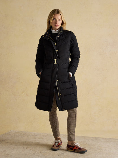 Joules Aspen Long Black Showerproof Padded Coat with Faux Fur Hood