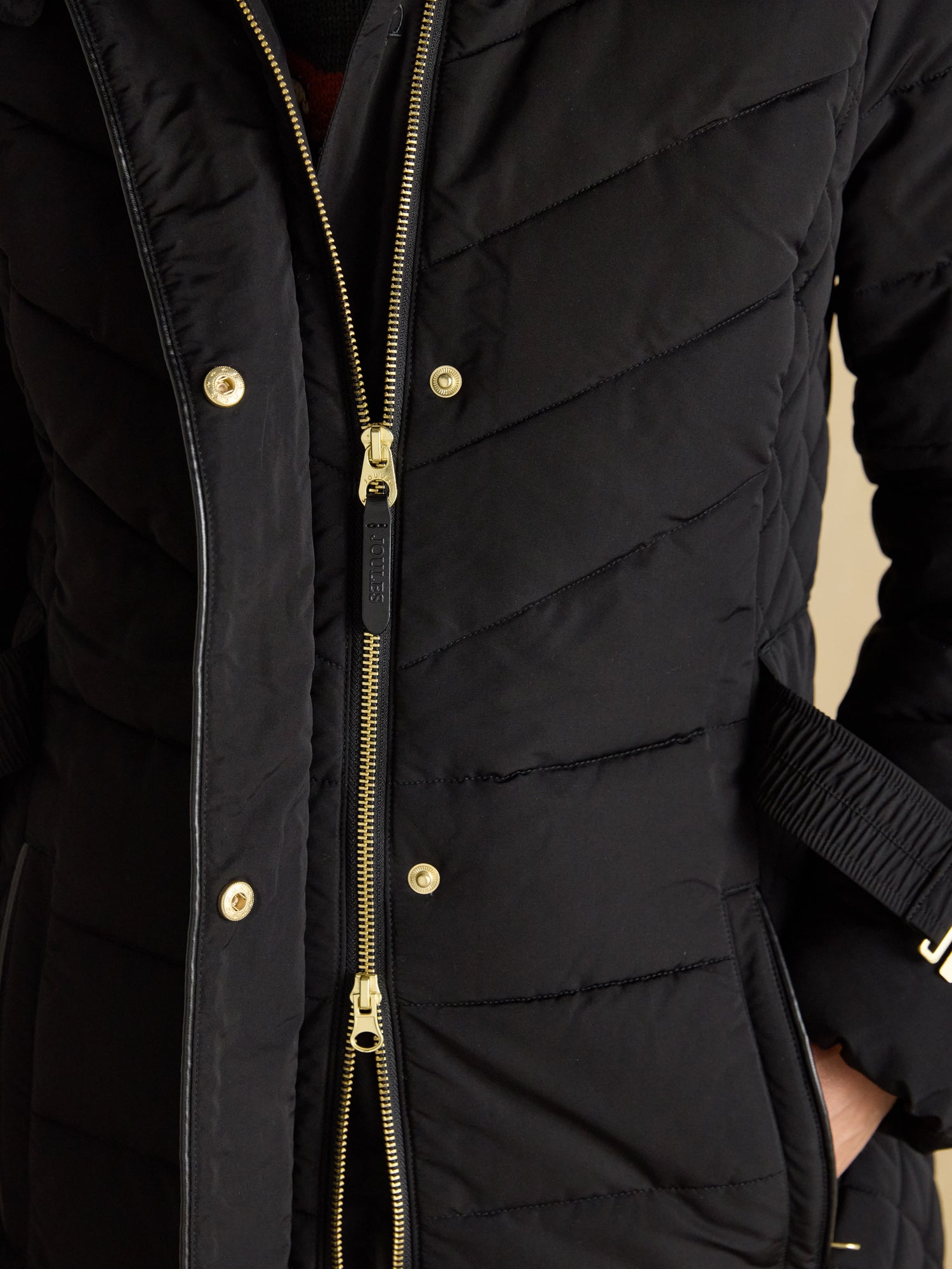 Joules Aspen Long Black Showerproof Padded Coat with Faux Fur Hood