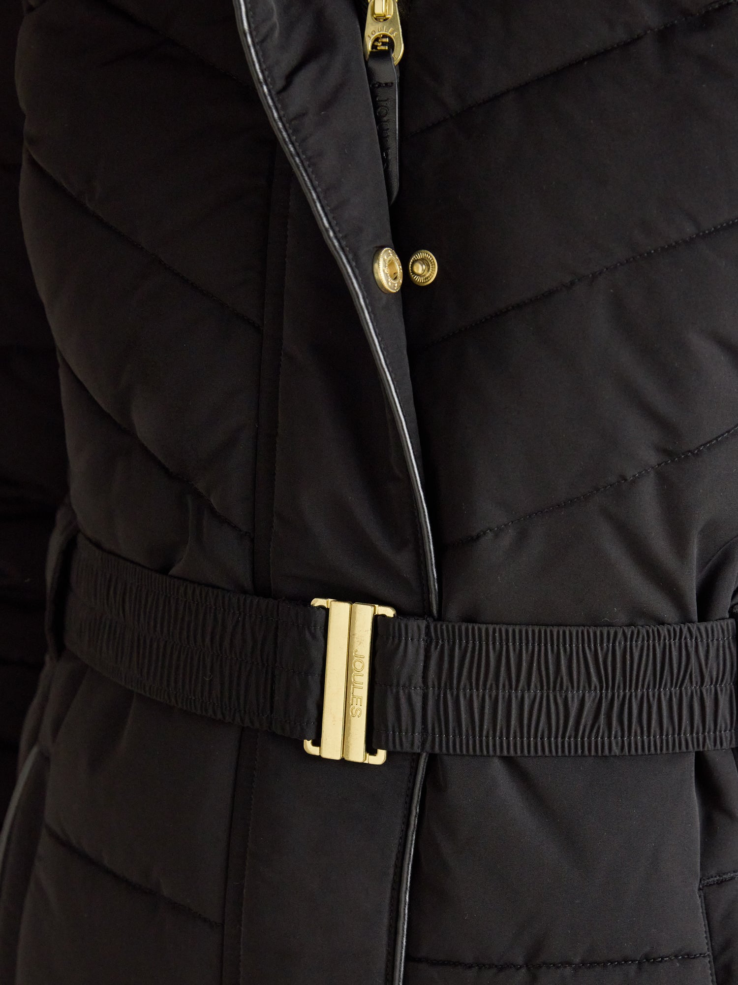 Joules Aspen Long Black Showerproof Padded Coat with Faux Fur Hood