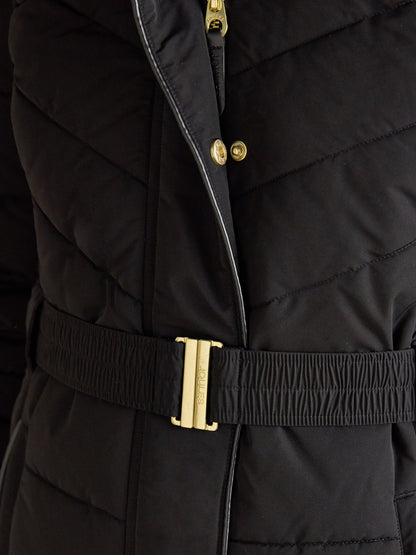 Joules Aspen Long Black Showerproof Padded Coat with Faux Fur Hood