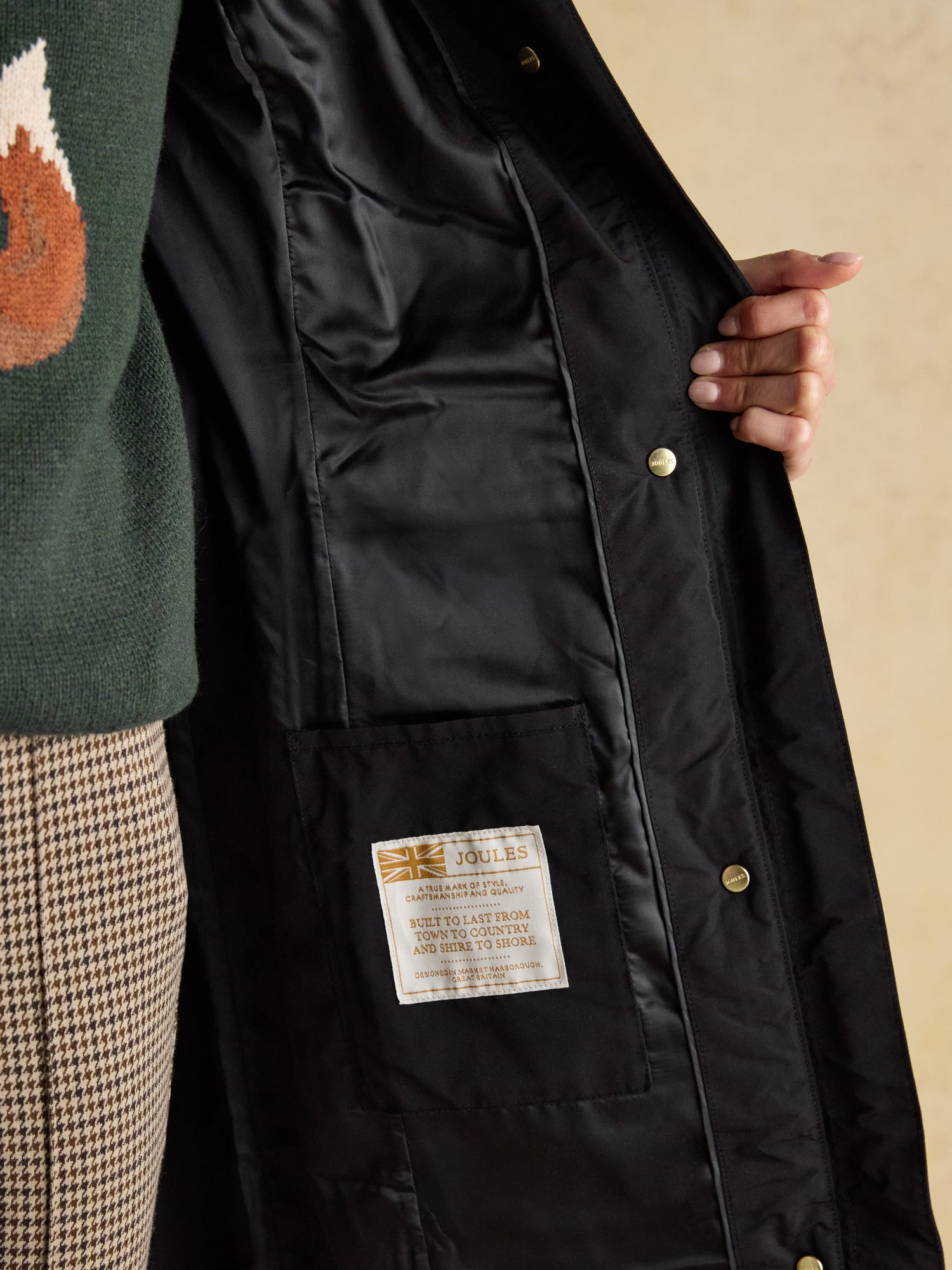 Joules Aspen Long Black Showerproof Padded Coat with Faux Fur Hood