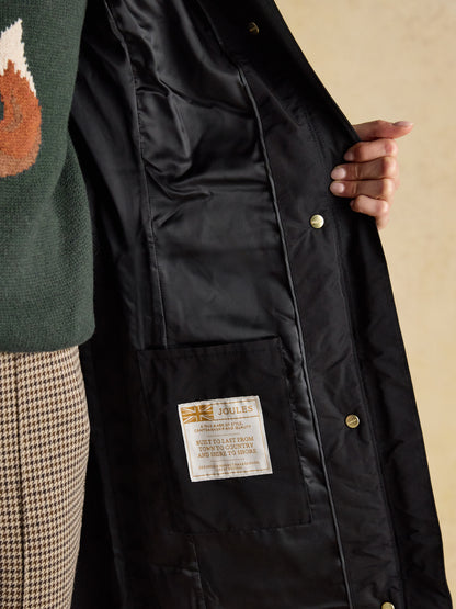 Joules Aspen Long Black Showerproof Padded Coat with Faux Fur Hood