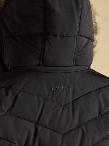 Joules Aspen Long Black Showerproof Padded Coat with Faux Fur Hood