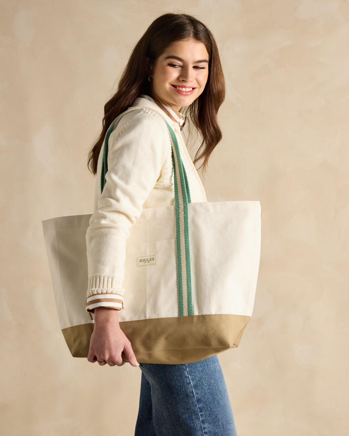 JOULES Promenade Beach Bag - Neutral Canvas Tote with Green Stripes, Canvas Material, Shoulder Bag by Joules