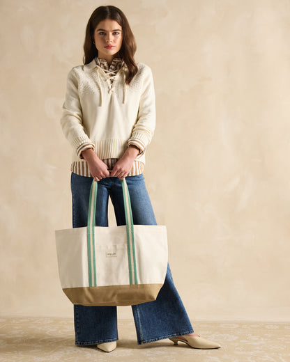 JOULES Promenade Canvas Beach Bag - Neutral Tote with Striped Straps & Front Pocket - Stylish Women's Accessory