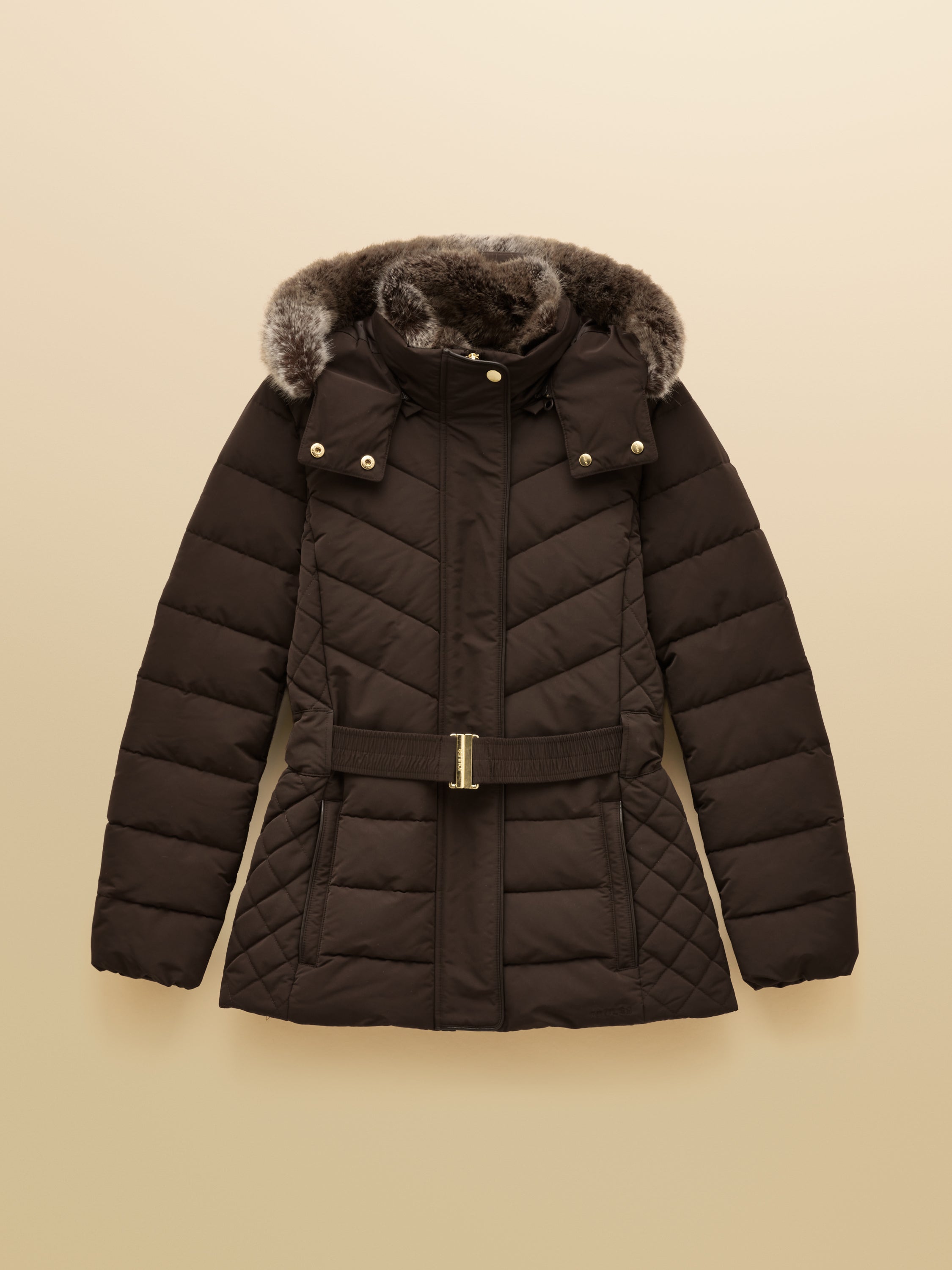 Joules Aspen Brown Showerproof Padded Coat with Faux Fur Hood