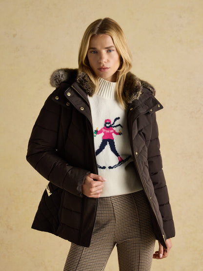 Joules Aspen Brown Showerproof Padded Coat with Faux Fur Hood