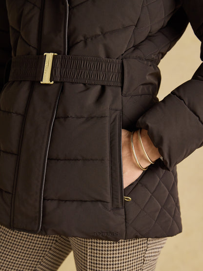Joules Aspen Brown Showerproof Padded Coat with Faux Fur Hood