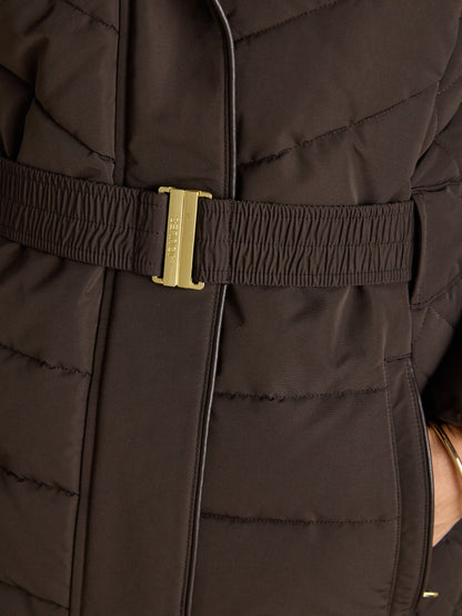 Joules Aspen Brown Showerproof Padded Coat with Faux Fur Hood