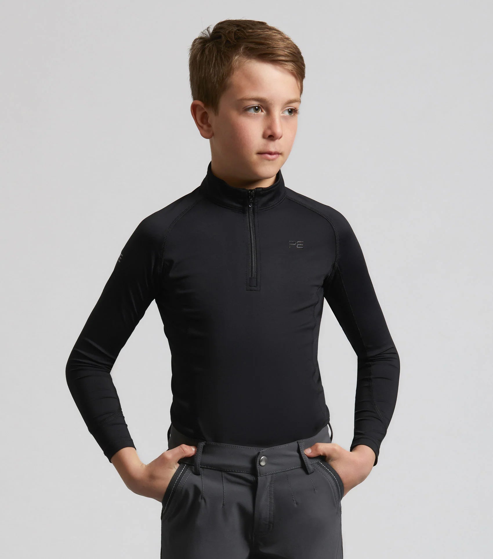 Premier Equine Junior Black Technical Riding Top. Boys Riding Top Performance Apparel.