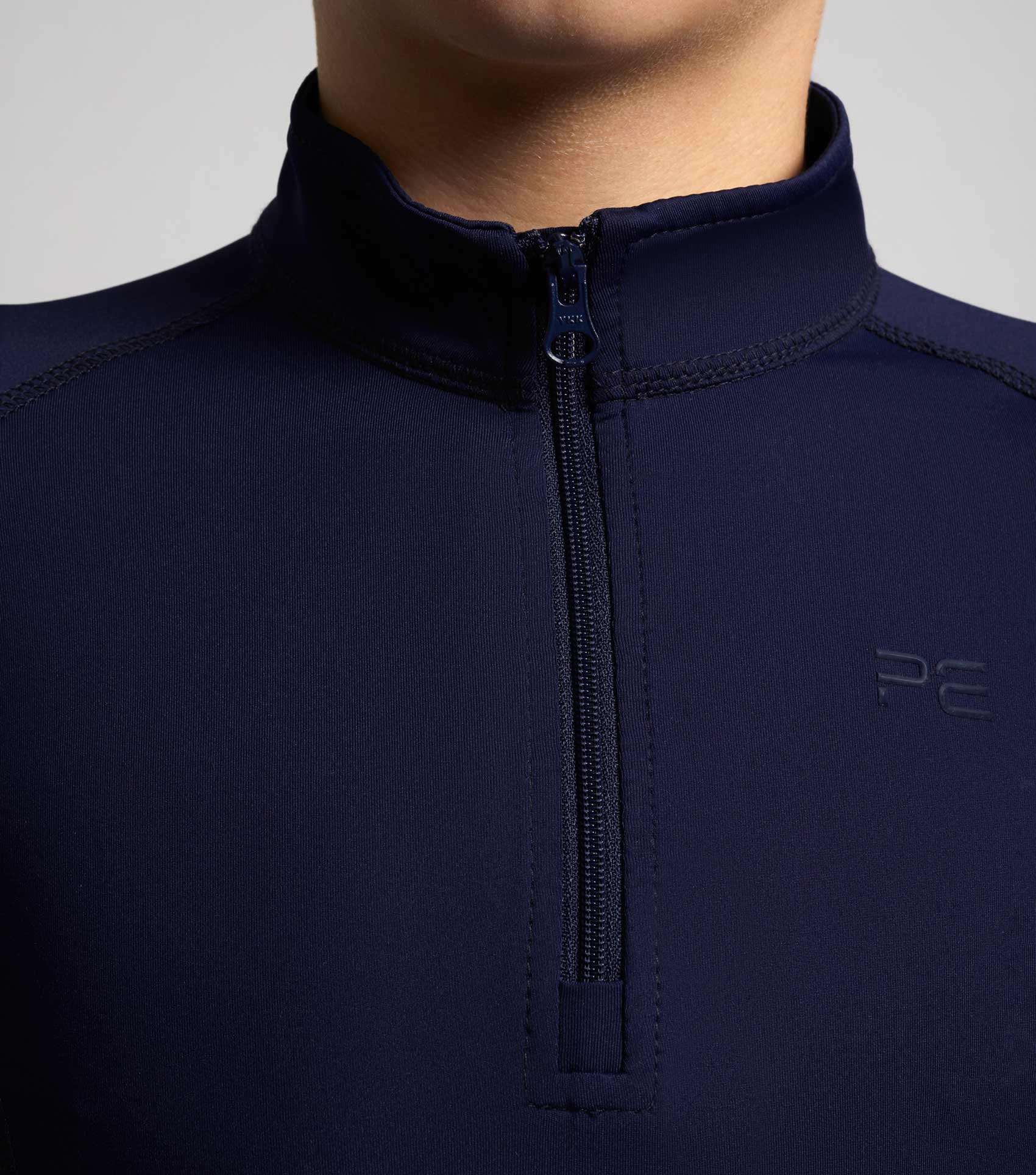 Premier Equine Junior Ombretta Navy Riding Top: Technical quarter-zip riding top for junior riders. 