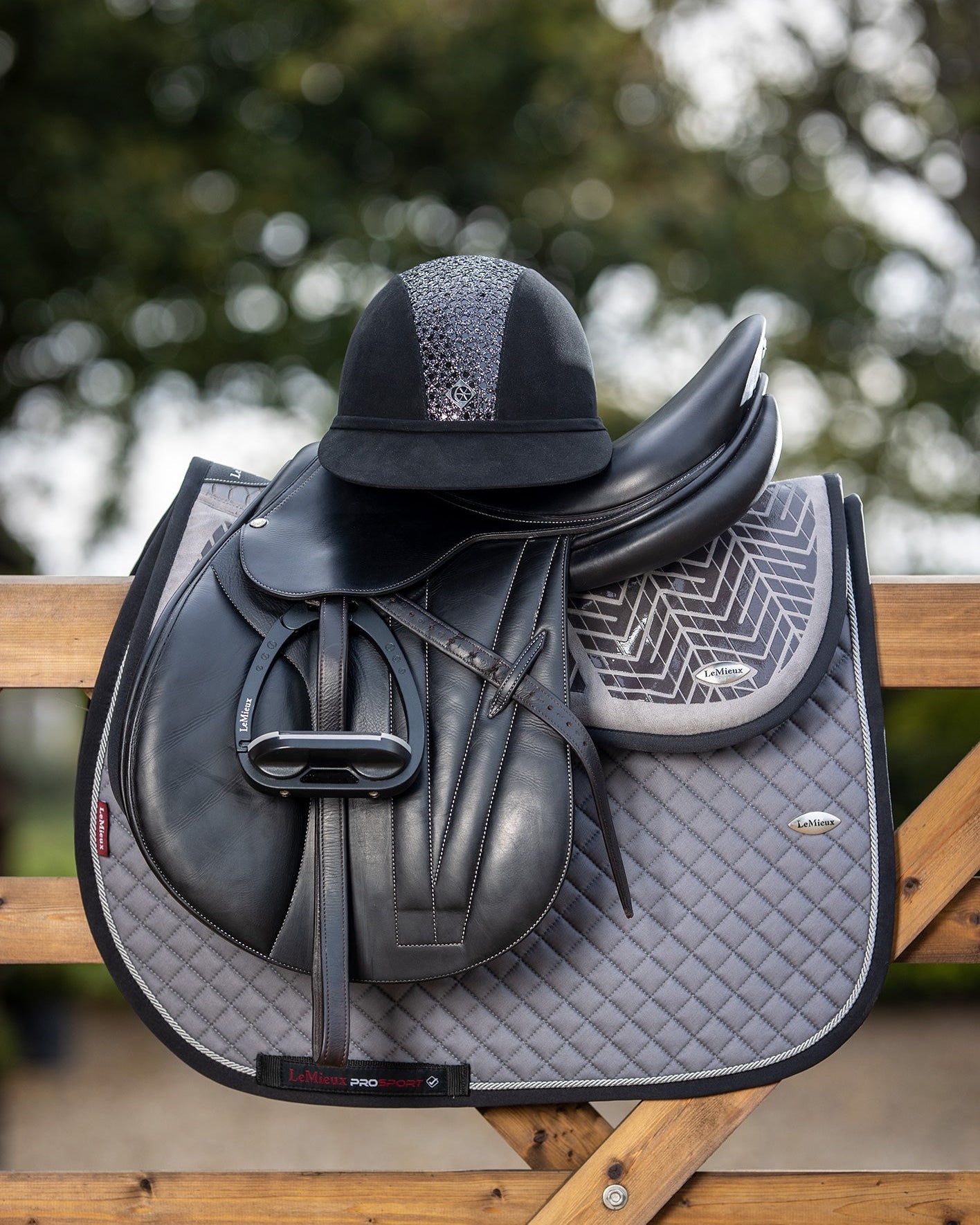 Charles Owen Black Sparkly Riding Helmet on LeMieux Saddle - Equestrian Gear