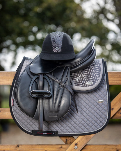 Charles Owen Black Sparkly Riding Helmet on LeMieux Saddle - Equestrian Gear