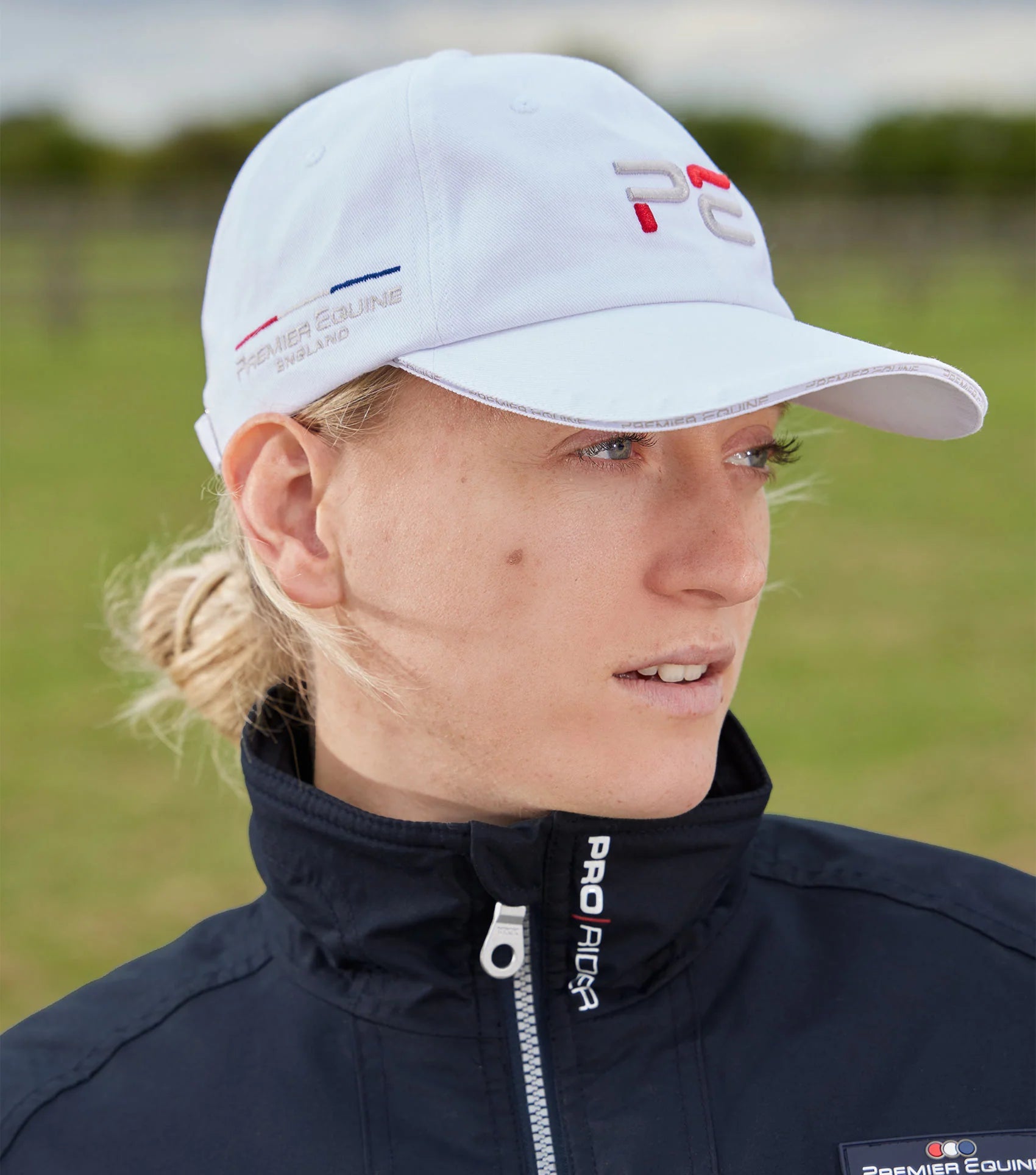 Premier Equine White Baseball Cap - Woman Wearing Adjustable Embroidered Hat