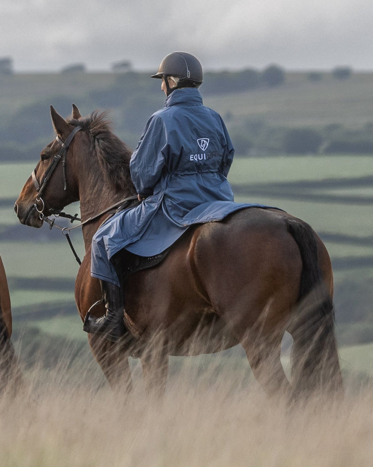Equestrian rider in blue Equidry coat riding a horse. Waterproof and fleece-lined for ultimate comfort. #Equidry #HorseRiding