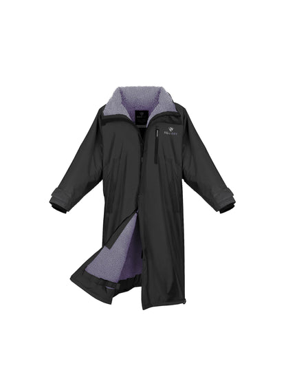 EQUIDRY Evolution Pro women's Warm Waterproof Horse Riding Coat Thick Fleece Lining Stowaway Hood in black/lilac 