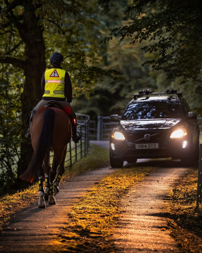 Horse rider with high vis vest & safety lights on road. Car approaching. Equestrian safety equipment. Woof Wear.