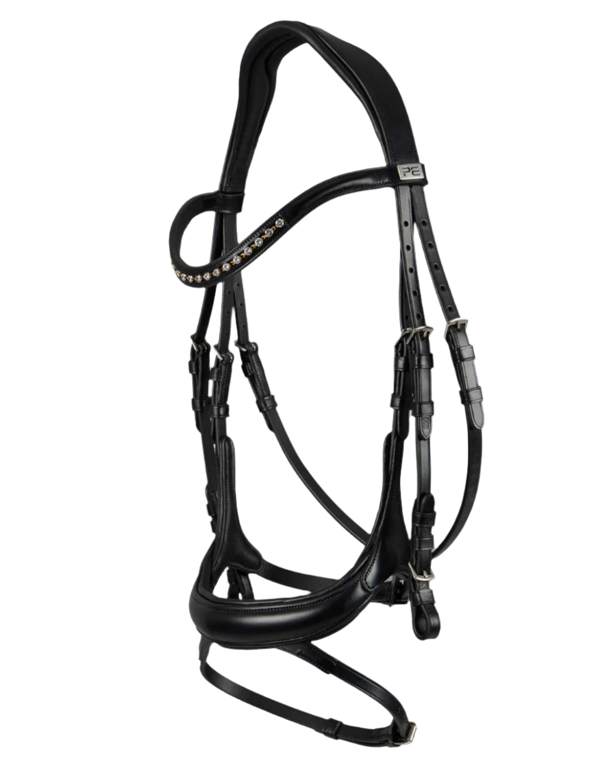 Premier Equine black leather horse bridle. Anatomical design with diamante browband. Equestrian riding gear.