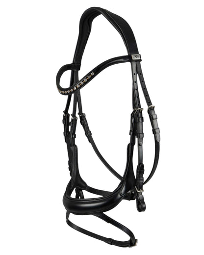 Premier Equine black leather horse bridle. Anatomical design with diamante browband. Equestrian riding gear.