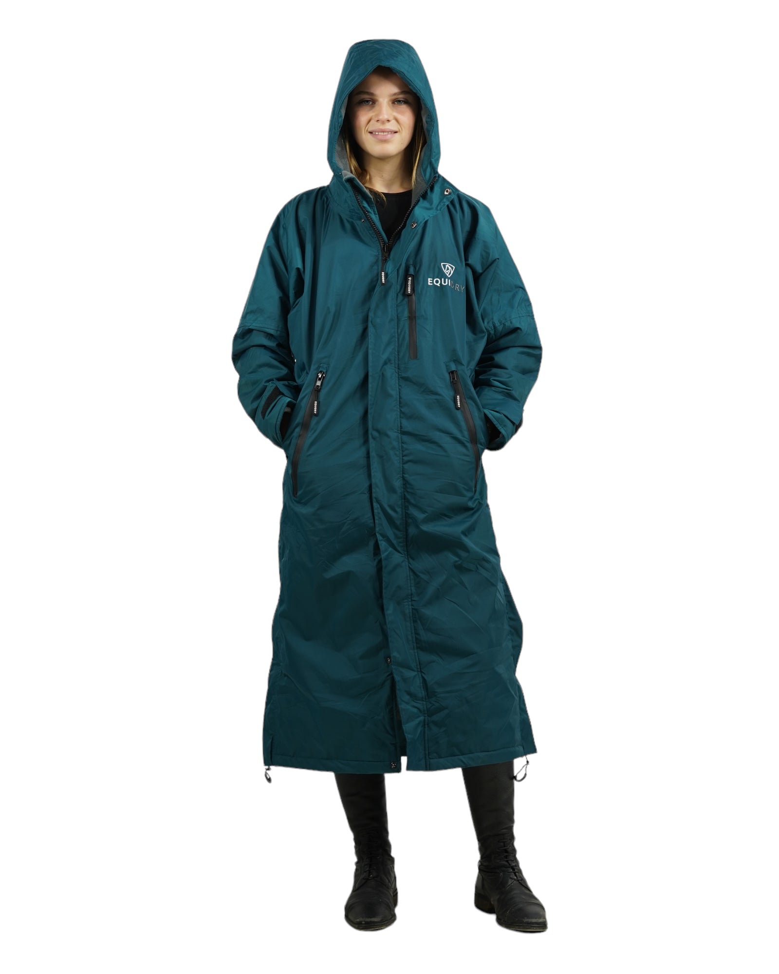 EQUIDRY women's thin fleece long waterproof horse riding coat in teal/grey studio closed 
