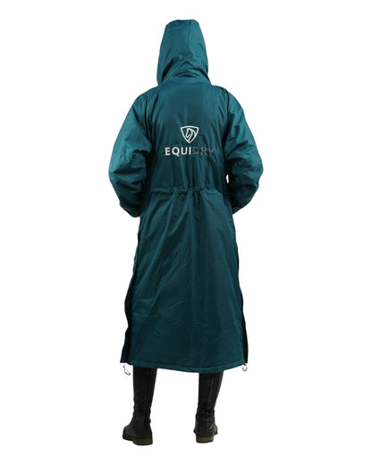 EQUIDRY women's thin fleece long waterproof horse riding coat in teal/grey back view