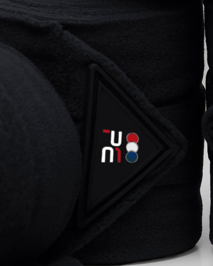 Premier Equine Polo Fleece Bandages - Black. Horse bandages for support, breathable fleece, reusable bag, set of 4.