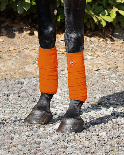 Orange Premier Equine Horse Polo Fleece Bandages on Horse Legs. Equiflair Store.