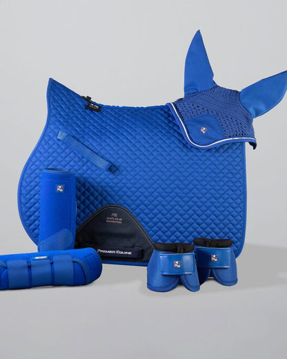 Premier Equine Pony Dressage Set: Royal Blue Saddle Pad, Boots, Fly Veil. Horse Riding Equipment
