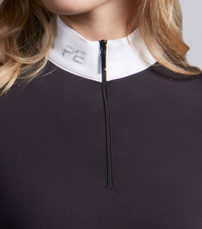 Premier Equine Cristalli black long sleeve competition shirt with rhinestone PE logo and sparkle.
