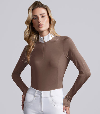 Premier Equine Cristalli Women's Mocha Latte Long Sleeve Equestrian Competition Shirt with Diamante Crystals