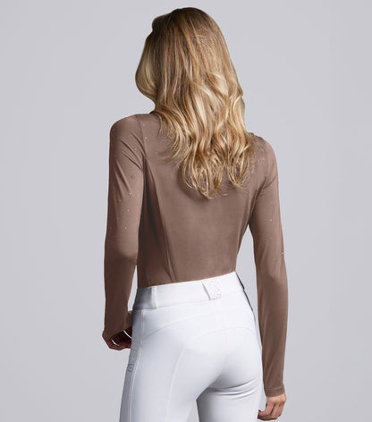 Premier Equine women's equestrian competition shirt, long sleeve, sparkling crystals, Mocha Latte
