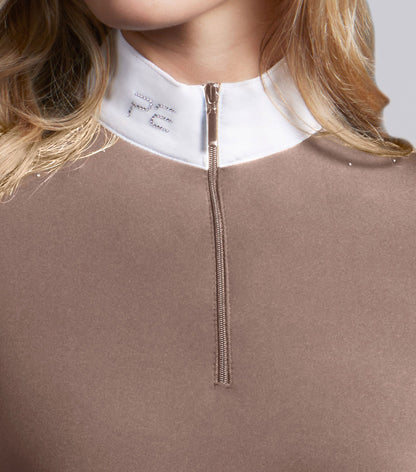 Premier Equine equestrian competition shirt, women's long sleeve, rhinestone logo, mocha latte.