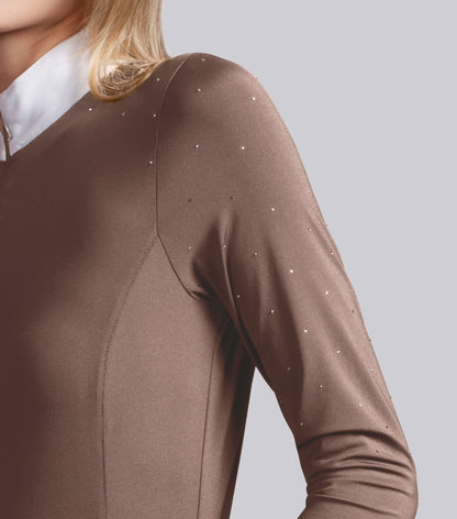 Premier Equine Cristalli women's mocha latte equestrian show shirt with subtle diamante sparkle on sleeves and shoulder.