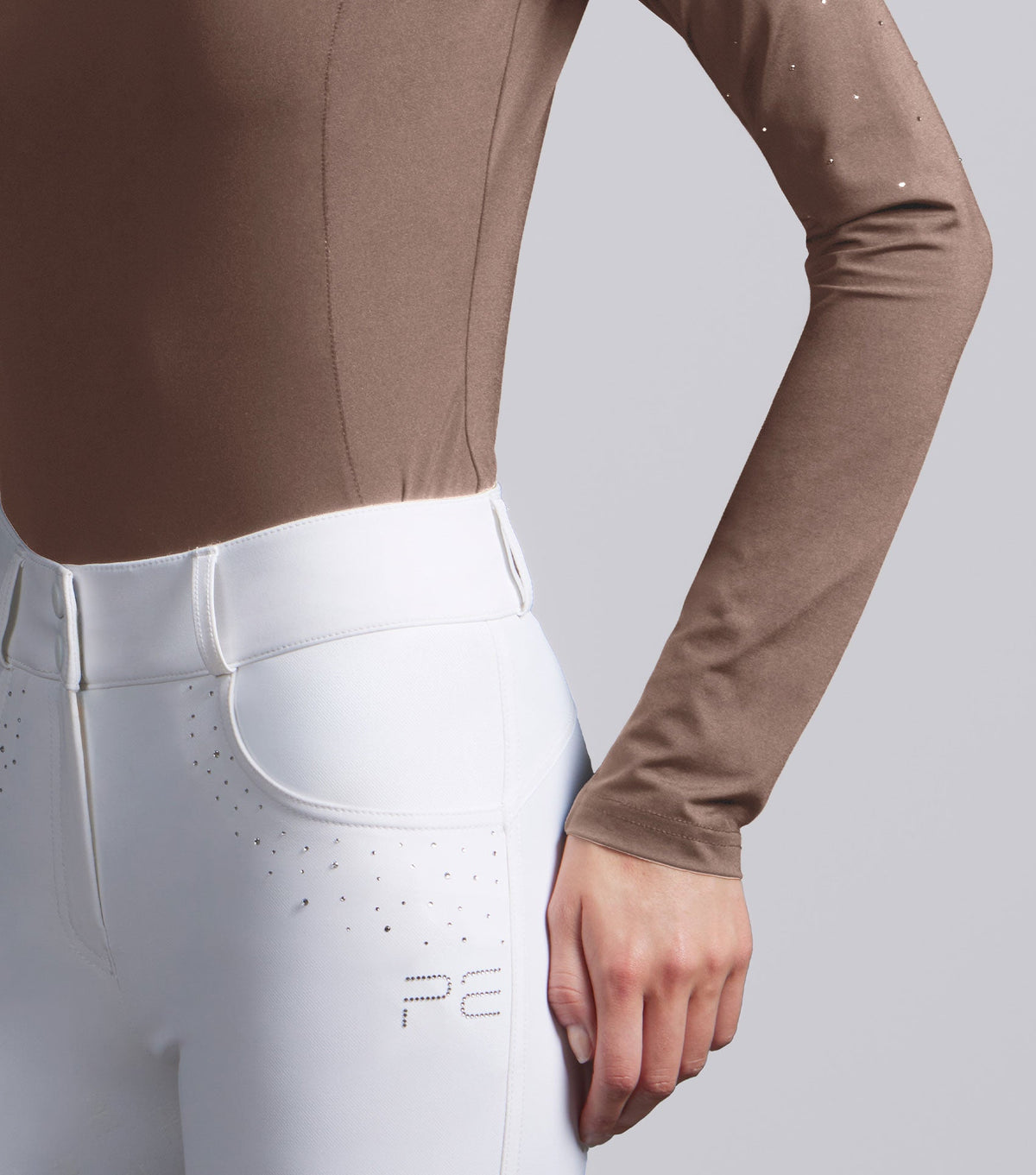 Premier Equine Mocha Latte competition shirt for women with long sleeves and crystal details