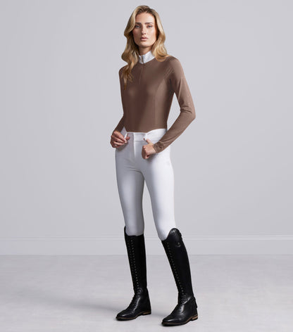 Premier Equine Cristalli women's equestrian show shirt in Mocha Latte with sparkling crystals and performance fabric.