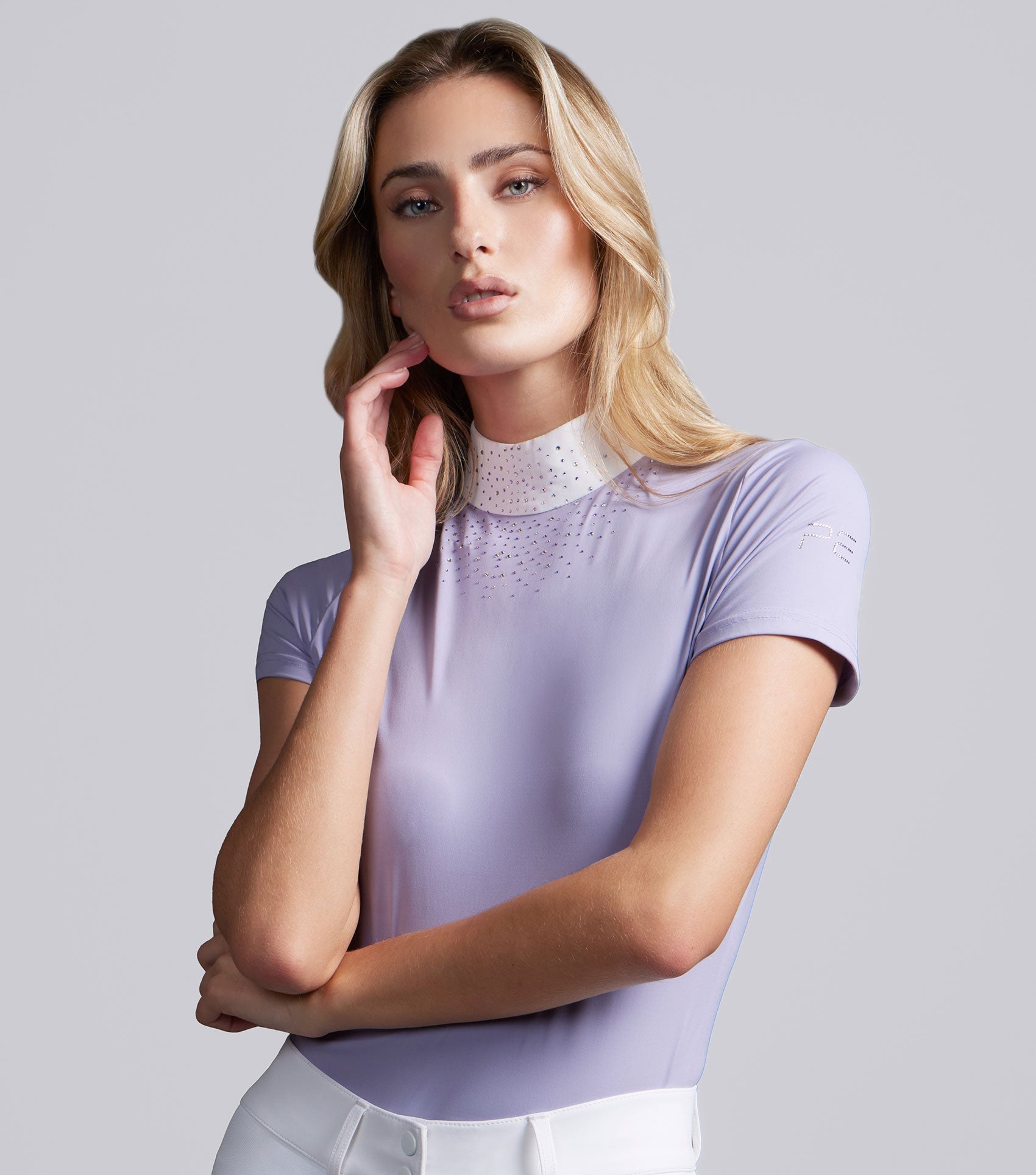Premier Equine Cristalli women's lilac sparkly short sleeve riding competition shirt with crystals