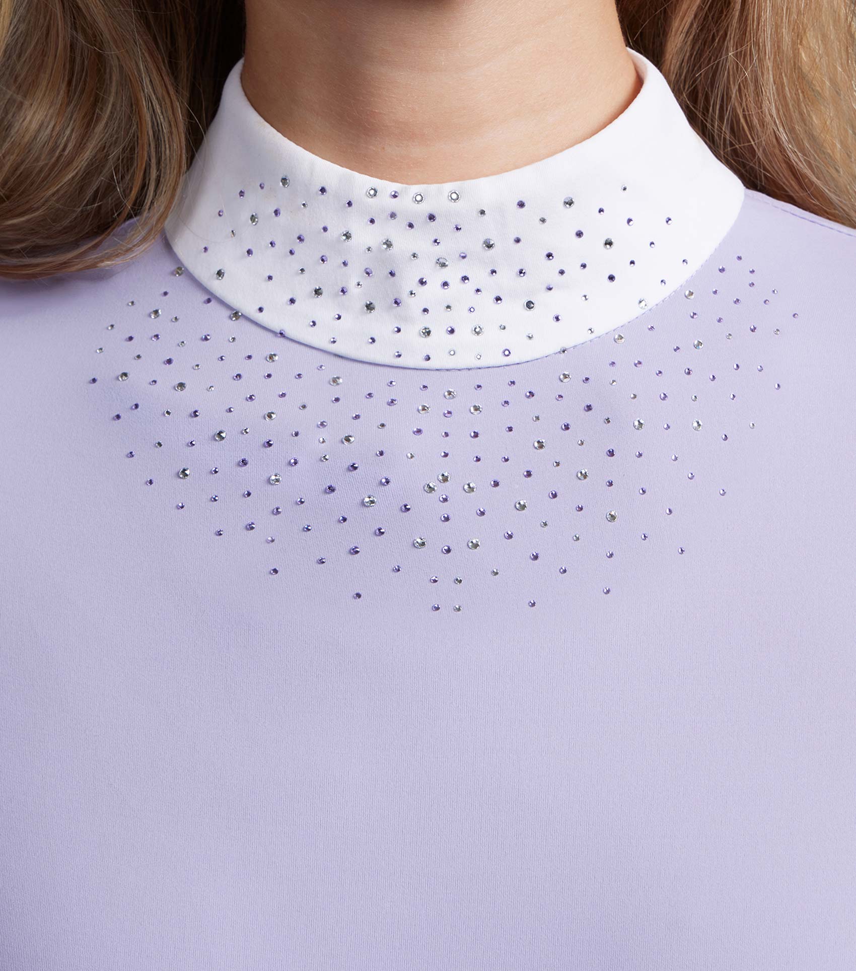Premier Equine women's Heirloom Lilac competition shirt with rhinestone collar and crystal embellishments.