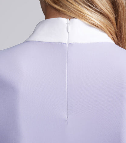 Premier Equine Cristalli women's lilac competition shirt back view with white collar and invisible zip