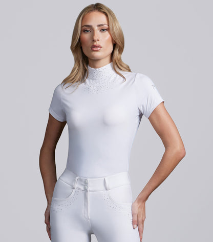 Women's white short sleeve competition shirt with diamante crystals and PE logo | Premier Equine