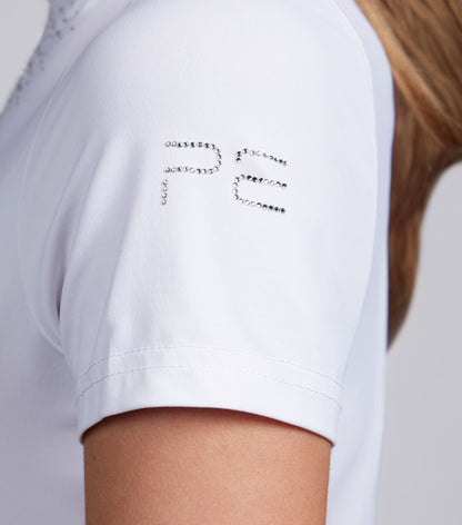 Premier Equine Cristalli women's white competition shirt with rhinestone PE logo on sleeve