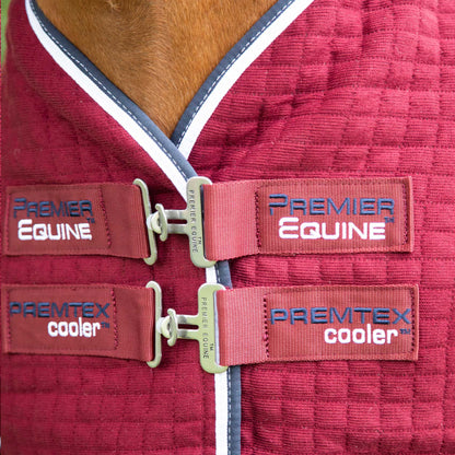 PREMIER EQUINE Premtex Cooler Rug Burgundy - Close-up view of buckles and brand logos on a Horse Winter Rug
