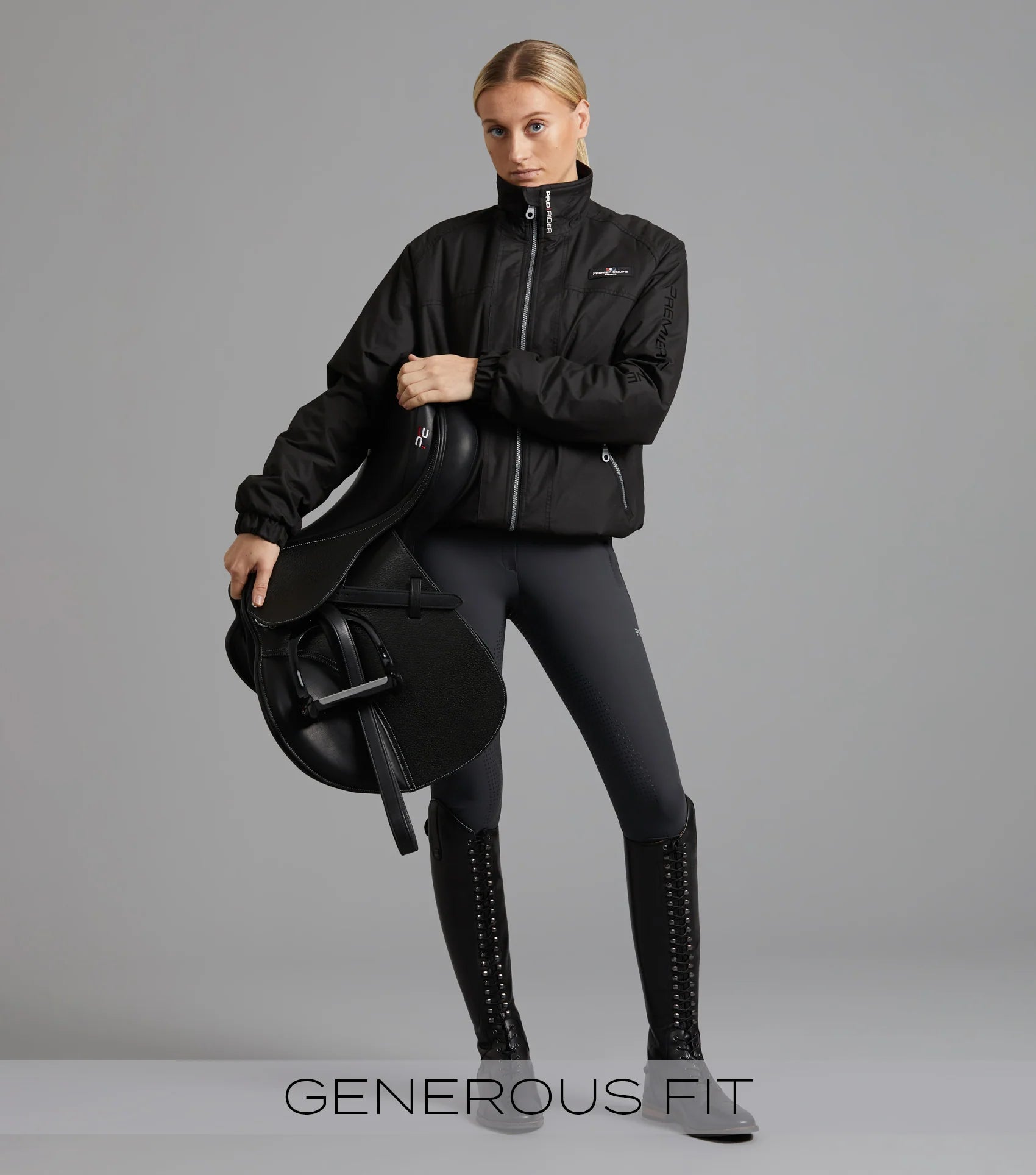 Premier Equine Pro Rider Black Waterproof Unisex Riding Jacket and Saddle