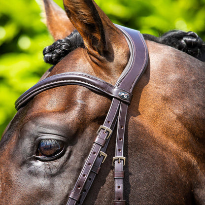 PREMIER EQUINE Brown Anatomical Snaffle Bridle - Close-Up of Horse Head with Italian Leather Bridle - Equiflair