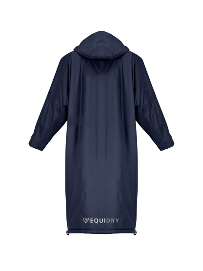Evolution iD discreet logo Men's Lightweight Waterproof Horse Riding Jacket Thin Fleece Lining Stowaway Hood in navy back