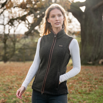 TOGGI Regent Women's Fleece Gilet - charcoal melange, zip-through, faux leather trim, country outdoor wear.