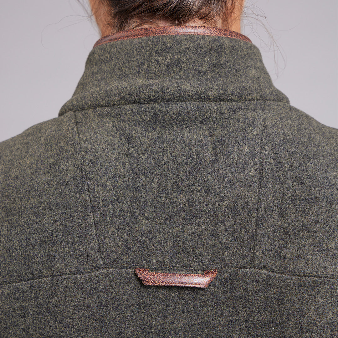 TOGGI REGENT women's dark green fleece gilet back view with faux leather trim