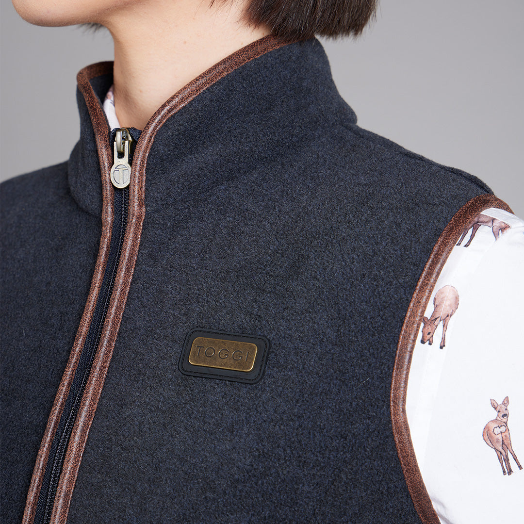 TOGGI Regent Women's Fleece Gilet with faux leather trim and antique brass zipper pull