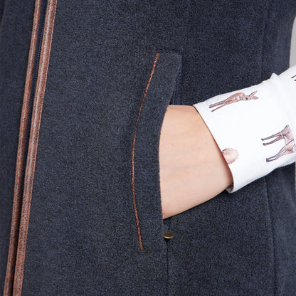 Dark grey TOGGI Regent Fleece Gilet with deer print sleeve and faux leather trim pocket.